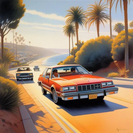 Prompt: 1980s, San Diego, car chase, sunny weather, warm atmosphere, cartoony style, extremely detailed painting by Greg Rutkowski and by Henry Justice Ford and by Steve Henderson