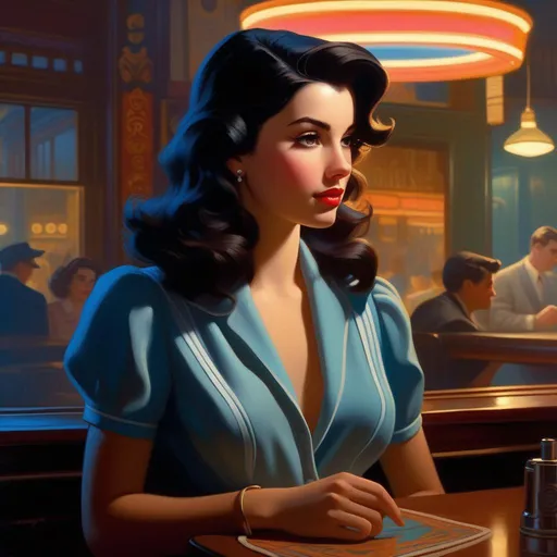 Prompt: Third person, gameplay, Italian-American girl, pale olive skin, black hair, brown eyes, 1940s, Chicago, neon, fog, blue atmosphere, cartoony style, extremely detailed painting by Greg Rutkowski and by Henry Justice Ford and by Steve Henderson 


