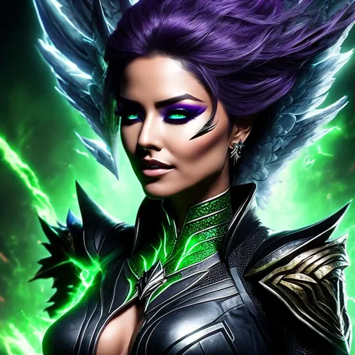 Prompt: High-resolution hyperrealistic image of shiar-cal'syee-neramani-deathbird merged with skrull-empress-veranke, {{green-skin}}, pointed-ears, feathered-hair, marvel-comics, photorealistic, uhd, hdr, 64k