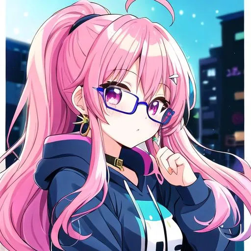 Pop girl, big earrings, profile, colorful hoodie, glasses - Prompt