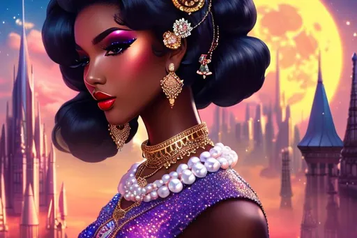 Prompt: head-on, surreal cartoon, high fashionista pose, glossy, walking toward viewer, stunning dark skinned lolita, she is dressed like a summer queen, dramatic jewelry, statement necklace, background is architecture lit by the moon,  trending on artstation