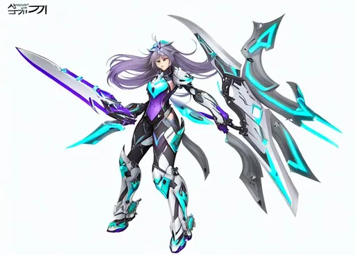 Prompt: female, grey and blue long hair, purple  eyes,  accented scifi-body armor, pneuma xenoblade 2 blade, 