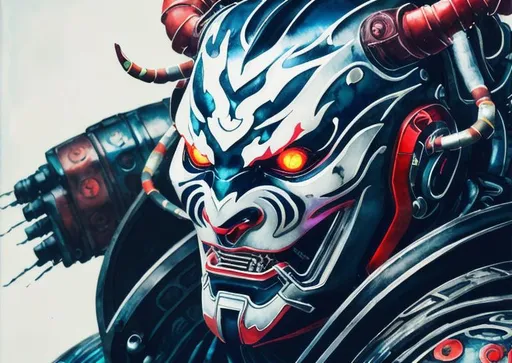 Prompt: Watercolor portrait of a roaring neon hannya with ENGRAVED markings and a CYBERNETIC face, SAD EYES, METAL FANGS, perfect composition, hyperrealistic, super detailed, 8k, high quality, trending art, trending on artstation, sharp focus, studio photo, intricate details, highly detailed, by greg rutkowski, illustration, watercolor, BY YUJI SHINKAWA