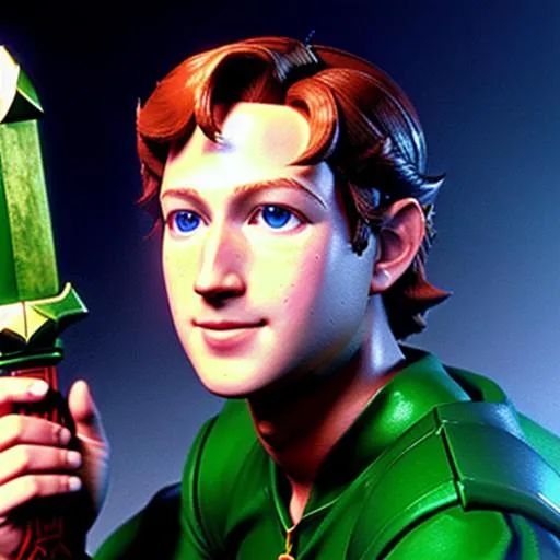 Prompt: 1998 photorealistic tloz Zuckerberg retro Video game Box art cgi 3D render portrait of ((Mark Zuckerberg)) cosplaying as Link holding a master sword and wearing a green link outfit from The Legend of Zelda: Orcarina of Time (1998) for Nintendo 64