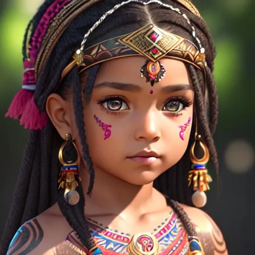 Prompt: extremely realistic, hyperdetailed, tribal little girl age=6, child, full tribal tattoo, highly detailed face, highly detailed eyes, highly detailed body, full body, whole body visible, full character visible, soft lighting, high definition, ultra realistic, unreal engine 5, 8K, digital art