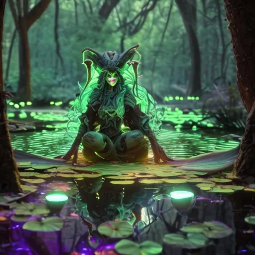 Prompt: A wyvrn that glows sitting in the middle of a pond in the woods
