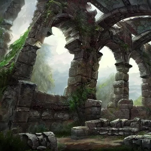 Prompt: concept art of ancient fantasy ruins with an ancient archway in it's walls, trending on artstation, gloomy, foggy, analogous colors