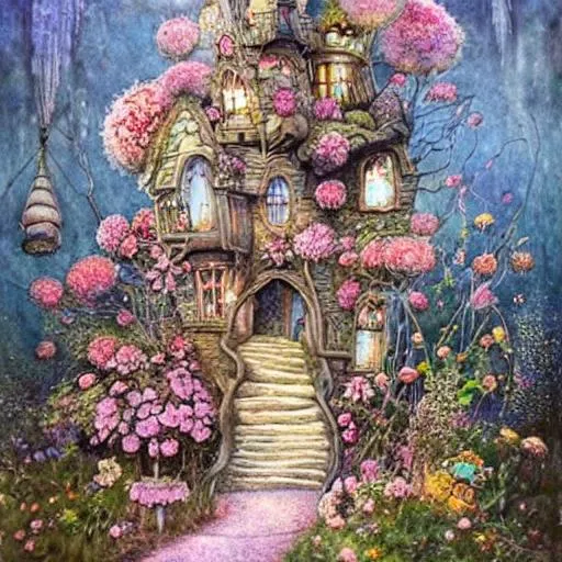 Prompt: daniel merriam's fit for a queen art, fantasy whimsical fairy boot house!, fairy tale cottage tree house castle by Jean-Baptiste Monge!, a multistory ramshackle fairytale house, fairytale multi level tree house, bright lighting, low saturation, muted colors, soft light, muted colors, realistic wild roses and peonies garden, bubbles,  sparkles, highly detailed floral bouquet, hyper realistic tall multi-level tree house in a magical forest with realistic floral bouquets, cinematic, stunning, art by jessica rossier, art by daniel merriam