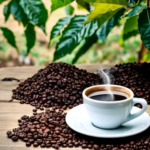 Prompt: coffee trees and a coffee cup in front