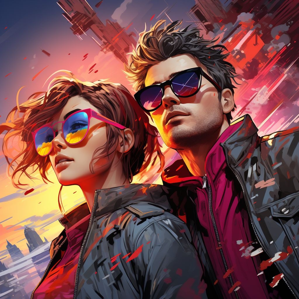 Prompt: ray bans with neon characters, in the style of cyberpunk manga, uhd image, 2d game art, snailcore, red and cyan, colorful turbulence, womancore