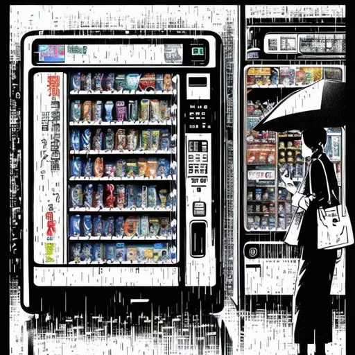 Prompt: Vending machines in the future. rainy day in tokyo. wider shot. Person with umbrella sitting on chair in front of vending machine. Comic art. Jack Kirby Style. Raining. High detail. Early morning. dark mood. Full colour. photo-realistic. 