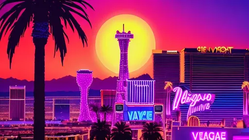 Prompt: high res, upscaled image, perfect composition.
Subject is the Las Vegas skyline at sunset in synthwave style. 
Giant sun, palm trees.
Purple haze, neon lights.