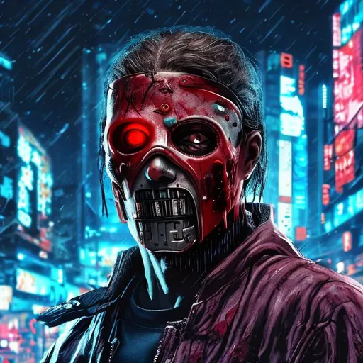 Prompt: Masked killer with blood on face, cyberpunk city as background