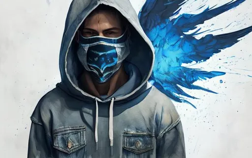 Prompt: Hooded Man in Blue Jeans and Grey Hood, Big Blue Phoenix Wings Sprouting from his Back, night sky, big moon, facing backwards, hyperrealistic