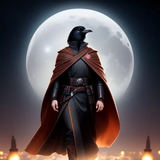 Prompt: anthropomorphic male crow in brown Jedi robes, on neon Zeppelin, Artstation illustrators, intricate details, face, full body portrait, dim light, illustration, UHD, 4K, Night, Sky city, neon streetlights,  walking floating platform, looking at the sky, double moon, cloudy