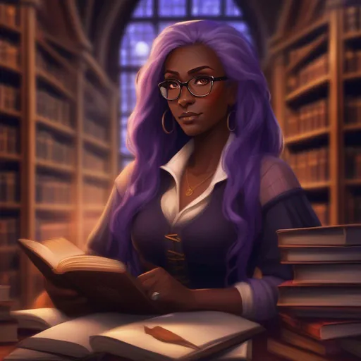 Prompt: mature female, realistic, long purple hair, dark skin, orange eyes, stern, glasses, library, nighttime, warm colors, librarian, medieval, high definition, professional