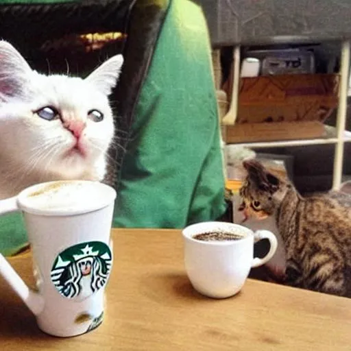 Prompt: Cats with Starbucks coffe