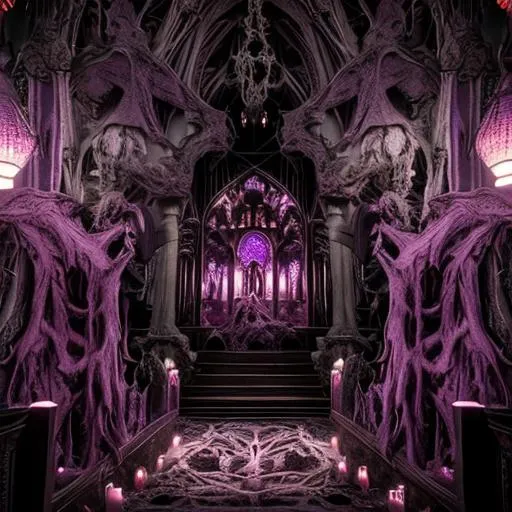 Prompt: gigeresque monster's mouth church interior, desaturated purples, meat and bones, crystal hanging lamps, high detail filigree pillars
