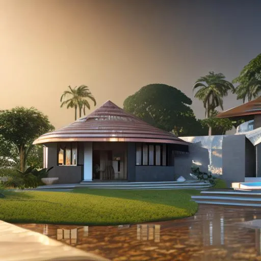 Prompt: modern design of beautiful detailed family house with a diamond and copper roof and intricate and artistic congolese minerals details with elements of precolonial Congolese inspiration kinshasa, volumetric natural light wakanda style, cinematic light, ultra realistic, vray, far view, perspective landscape