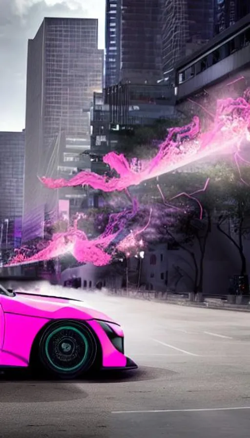 Prompt: supra Drift car with pink flames in a busy cyber city 4k high tech