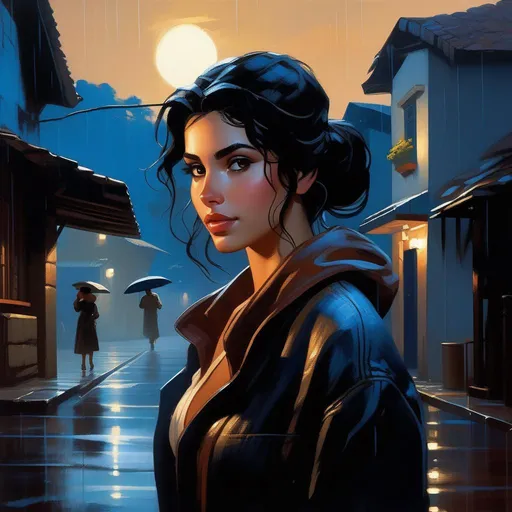 Prompt: Third person, gameplay, Brazilian girl, pale, fair skin, black hair, brown eyes, Barbacena at night, rain, cold blue atmosphere, cartoony style, extremely detailed painting by Greg Rutkowski and by Henry Justice Ford and by Steve Henderson 

