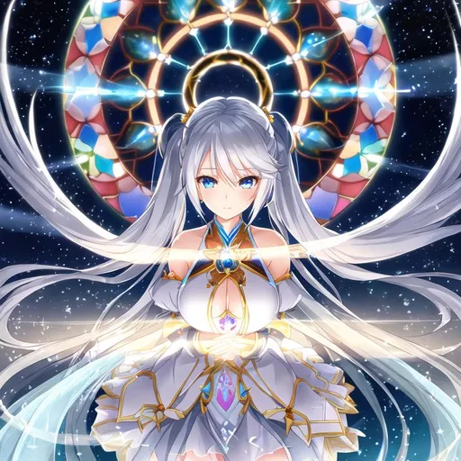 Prompt: A beautiful moon spirit, ling silver twintail hair with x hairclip, silver hair, glowing blue eyes, stained glass long flowing gown, ethereal, luminous, fireflies, night sky, glowing, trails of light, sparkles, 3D lighting, celestial, gold filigree halo, soft light, fantasy, details five finger
