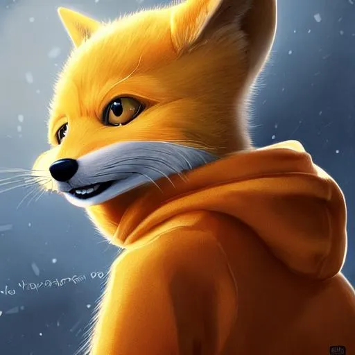 Prompt: Anthropomorphic male yellow fox, wearing hoodie furry, fluffy, cute, humanoid, fursona, cute eyes, adult, tall, hd, white belly, yellow arms, white snout, orange hair, fur, realistic, 4k