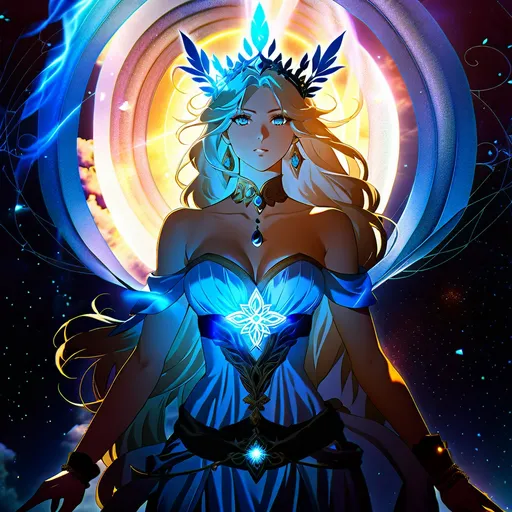 Prompt: Nordic divine woman, anime, ethereal, flowing robe, long flowing hair, mystical, divine aura, intricate crown, detailed eyes, highres, detailed, anime style, cool tones, atmospheric lighting