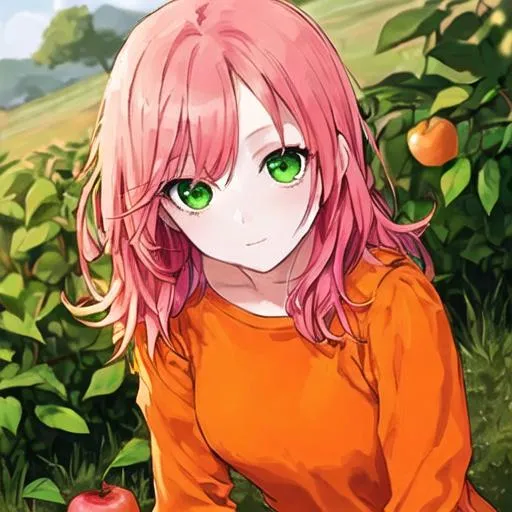 Prompt: A girl wearing an orange shirt with green eyes with pink hair sitting in an apple orchard.