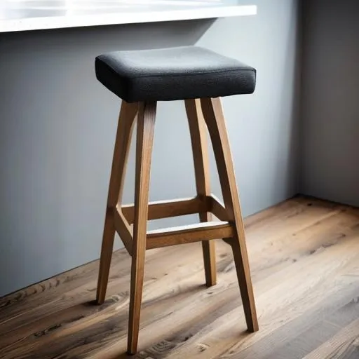 Prompt: bar stool, tapered leg, oak, high-end, expensive, modern, contemporary, Nordic Style, custom, upholstered