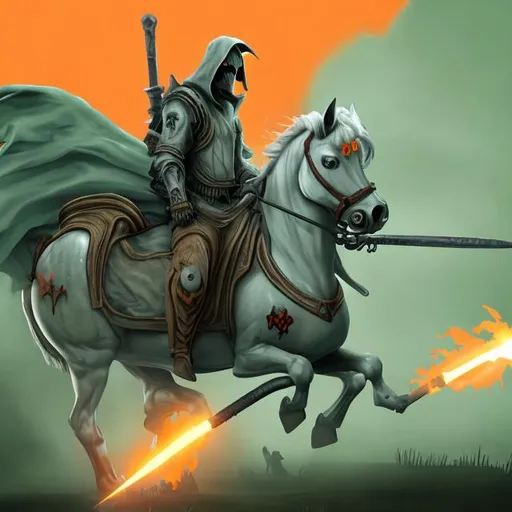 Prompt: The Grim Reaper riding a pale green horse while wearing an orange safety jacket with a safety light on the scythe. Horse and rider are both facing forward with a transparent background. 