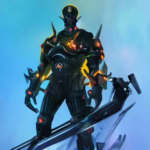 Prompt: A man with black technological armor with orange neon strips, digital art, photorealistic.