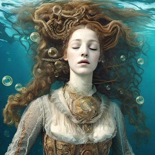 Prompt: woman in 16th century dress underwater sleeping.  hair, elaborate hair, fabric, lace, bubbles.