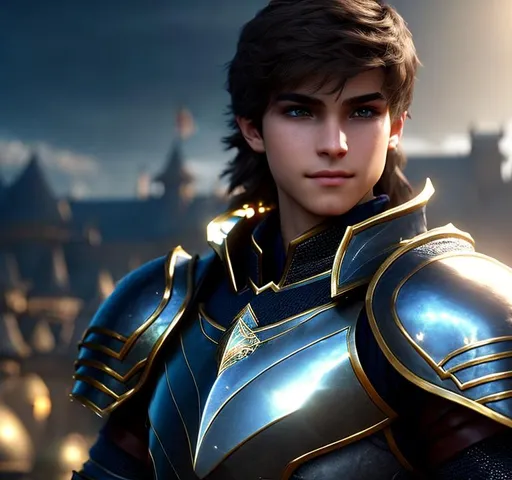 Prompt: Knight in a fantasy world ,perfect  nose, brown hair, hairstyle to the side, oval face, weight 60kg, height 1.78, 17 years old close-up back view half body, perfect body,  Super detailed armor over a castle , hyper realistic details, cinematic lighting, 3d, 8k