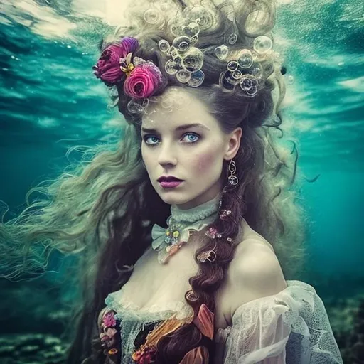 Prompt: woman in Victorian dress underwater tea party.  hair, elaborate hair, fabric, lace, bubbles. jewels, queen.  colorful.  Flowing hair, flowing fabric. 