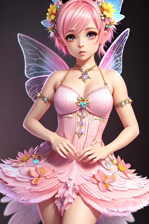 Prompt: Hyperdetailed beautiful tiny female pixie, shocked expression, short messy pink hair, two big fairy wings, proper hands,

Hyperdetailed clothes, colorful flower pedal dress,

Soft lighting, studio background