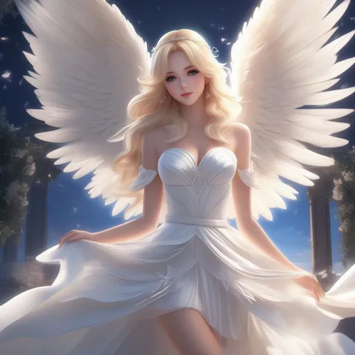 Prompt: 3d anime woman angelic blonde hair and white dress and beautiful pretty art 4k full HD