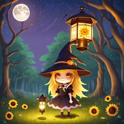 chibi witch with long blonde hair, with a lantern, w... | OpenArt