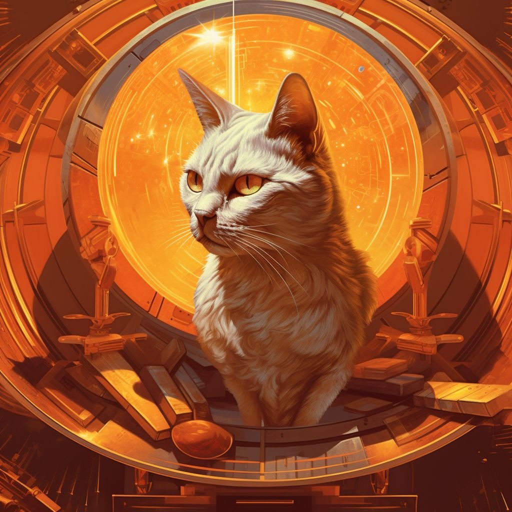 Prompt: advertisement, in the style of techno shamanism, light gold and orange, catcore, gigantic scale, retro-style, heatwave