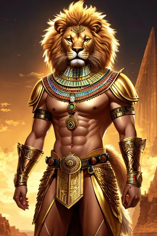 Prompt: oil painting, anthropomorphic lion, male, furry, warrior, ancient egypt, 8k, UHD,   bronze weapons, hieroglyphics art, hyperrealistic, photorealistic, beautiful art, furry art, full body picture, digital art,  hyperperfectionist, muscular, pharaoh, lion head, hyperdetailed full-body of a werelion in battle stance, hyper detailed background, ancient egypt temple inside background, god of egypt, highly detailed, panned out view of the character, golden skin
