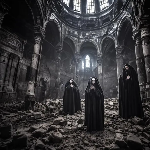 Prompt: batushka in the underworld, in a destroyed church