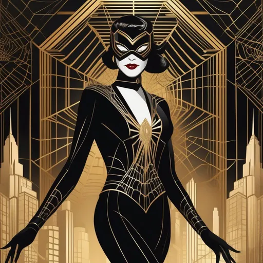 Prompt: a Spider-woman dressed in an art deco inspired suit with art deco inspired spiderweb motifs, new york, roaring 1920s, night, masked, golden age comic book style, Marvel art style, "suit has spiderweb motifs in art deco style", 