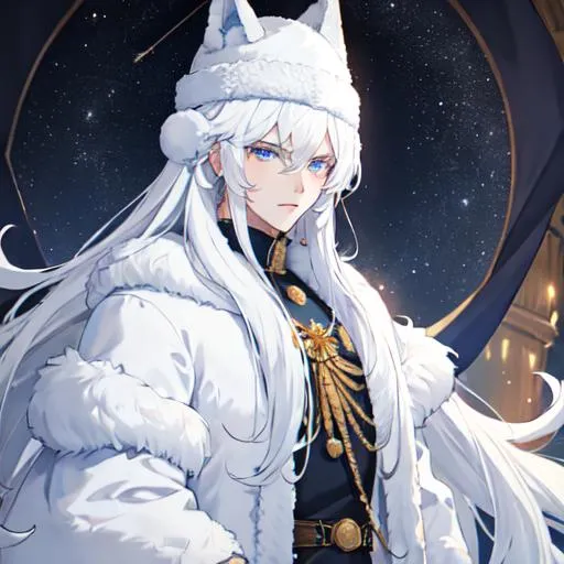 Prompt: Russia as a male human, 8k, UHD,  highly detailed, white hair, blue eyes, wearing a fluffy giant jacket and a ushanka