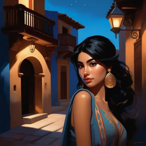 Prompt: Third person, gameplay, Mexican girl, pale olive skin, black hair, brown eyes, modern, Guanajuato at night, blue atmosphere, cartoony style, extremely detailed painting by Greg Rutkowski and by Henry Justice Ford and by Steve Henderson 

