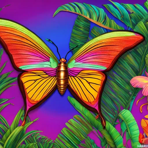 Prompt: Madagascan sunset moth diorama in the style of Lisa frank