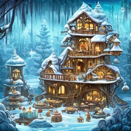 Prompt: THERE IS BAKEREY SHOP FULL OF PASTERIES AND CAKES IN THE TREE HOUSE AND THE TREE HPISE IS LOCATED IN THEMIDDLE OF THE ICE COLD FOREST WHICH HAS FROZEN RIVER