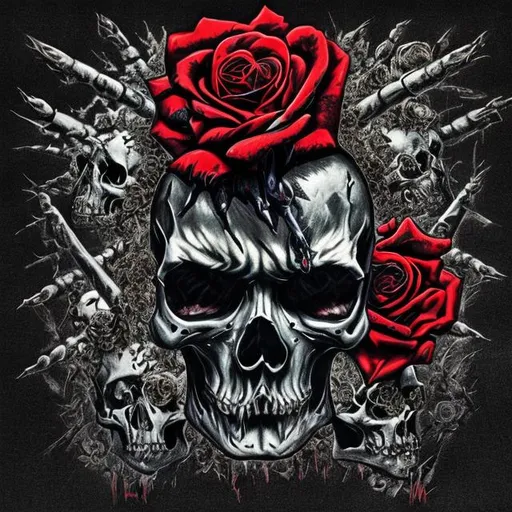 Prompt: Ultra HD Metallica album cover with a black low light background  and roses and skulls


