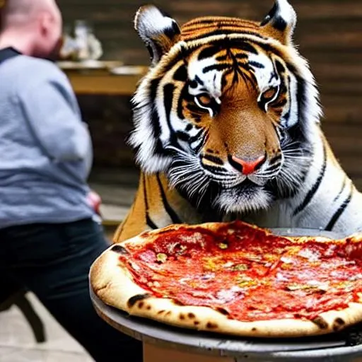 Prompt: A tiger eating pizza
