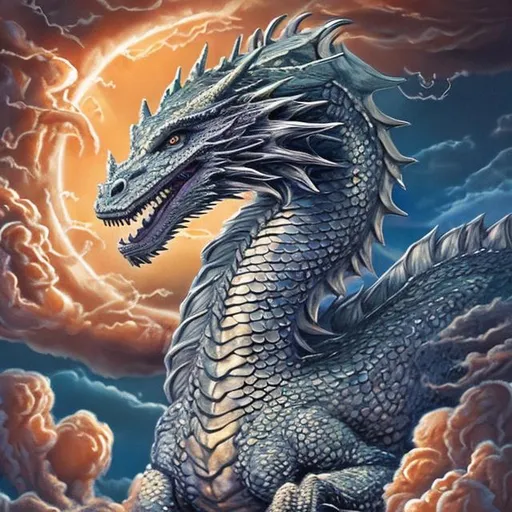 Prompt: a majestic detailed dragon, fire breath well detailed, polished surreal sky highly detailed, in the style of leonard hale