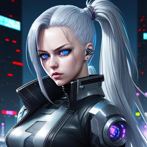 Prompt: cyberpunk, young woman,  silver hair that is long in pony tail , blue eyes, plump lips, anime style, hyperrealistic, full-body, distant